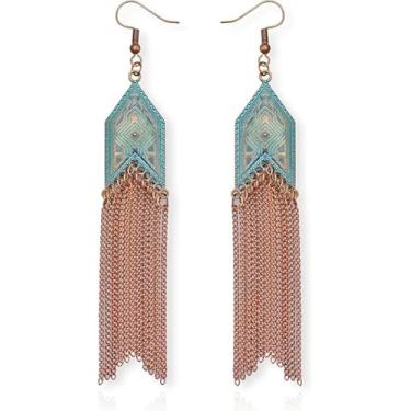 Imagem de Brincos femininos com franjas Boho – Brincos pendentes de padrão geométrico turquesa retrô com franja de corrente de cobre, joia vintage estilo étnico