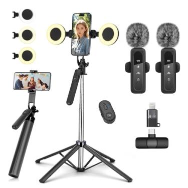 Imagem de Kit de vlogging para iPhone/Android, tripé de bastão de selfie de metal para iPhone com luz e microfone, tripé de telefone ajustável de 177.8 cm de altura para TikTok/YouTube Starter Content Creator