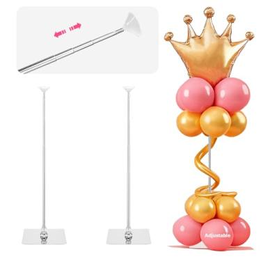 Imagem de Suporte de balão para conjunto de 2 mesas, palitos de balão de metal resistentes de altura ajustável de 38 cm a 83 cm com base para decoração de mesa de mesa de festa