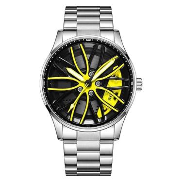 Imagem de Relógio de pulso masculino criativo 3D giratório com roda de carro, design de cubo de aro, moderno, quartzo, elegante, com pulseira de aço inoxidável, presentes para entusiastas de carros, X Amarelo