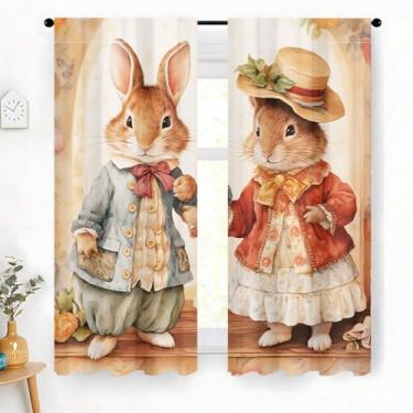 Imagem de Cortina de cozinha de Páscoa, 2 painéis, padrão de casal de coelho, cortinas de tratamento de janela de coelhinho da primavera, decoração de casa de fazenda, para sala de estar, quarto, banheiro