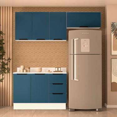 Imagem de Cozinha Modulada 3 Peças com Tampo e Rodapé Maeena Politorno - Branco com Azul