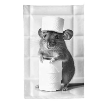 Imagem de Chapéu de papel higiênico com mouse tapeçaria de banheiro impressão artística preta branca para quarto sala de estar dormitório decoração de casa com design de animal de estimação pequeno fofo