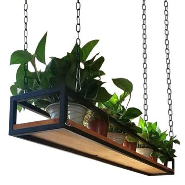 Imagem de Prateleira suspensa para plantas com moldura de ferro e corrente, suporte de vaso de madeira para decoração de cozinha, varanda e bar, suporte de vinho versátil e rack de vasos de flores (40 x 25 x 15