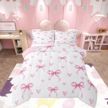 Imagem de Feelyou Conjunto de cama com laço rosa macio para meninos e meninas, conjunto de edredom com laço kawaii, de microfibra, estilo princesa sonhadora, decoração de quarto, fofo, 2 peças com 1 fronha