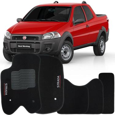 Imagem de Jogo de Tapete Automotivo Carpete Fiat Strada Cabine Dupla 2013 à 2019 Soft Logo Bordado Preto