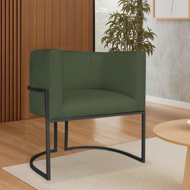 Imagem de Poltrona Dália Luxo Moderna Estofada Design Sofisticado Com Base De Ferro Preto Linho Verde