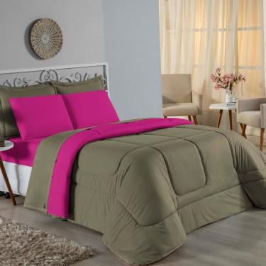 Imagem de Kit Edredom Dupla Face + Jogo De Lençol Solteiro Nobre 4 Peças Malha 100% Algodão - Avelã / Pink