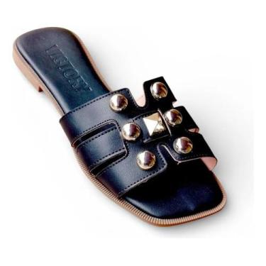 Imagem de Sandália Rasteira Feminina Slide H Luxo com Detalhes Dourados ou Perol