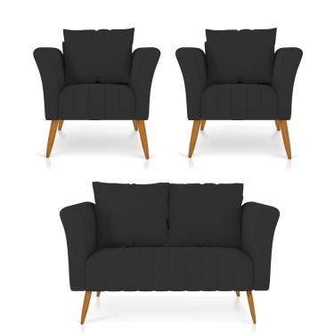 Imagem de Kit 01 Namoradeira 02 Lugares e 02 Poltronas Marilia Linho Preto A79 Pés Palito Castanho - D'Rossi