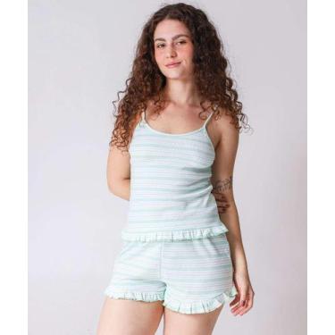 Imagem de Pijama Feminino Canelado Listras Babado Marisa Verde-73030, Verde, GG