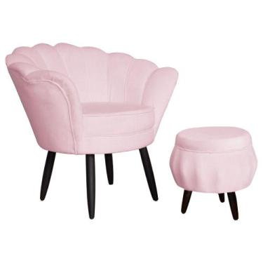 Imagem de Combo Poltrona Decorativa E Puff Para Recepção Pétala Suede Rosa Bebe 
