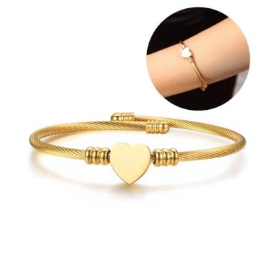 Imagem de Bracelete feminino dourado pingente coração, pulseira feminina aço ino