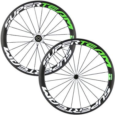 Imagem de Rodas de bicicleta Superteam de fibra de carbono 700C, aro clincher, conjunto de rodas de 50 mm, acabamento fosco, 23 mm de largura (verde e branco)