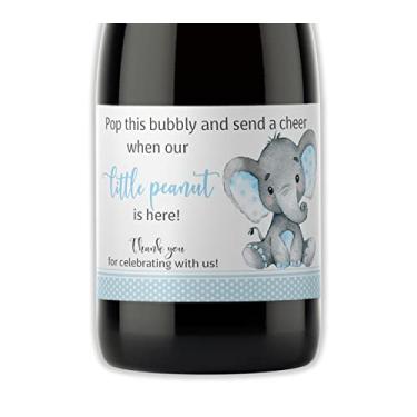 Imagem de Conjunto de 18 mini etiquetas de champanhe, chá de bebê menino, granulado de bebê, elefante azul amendoim M501-E-18