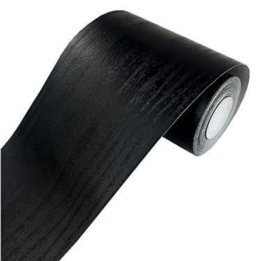 Imagem de Taamall Simplemuji Papel de parede 3D grão de madeira preta borda descascar e colar PVC cobertura de parede cozinha banheiro quarto azulejos adesivo decoração, 4 polegadas por 32,8 pés 10 metros