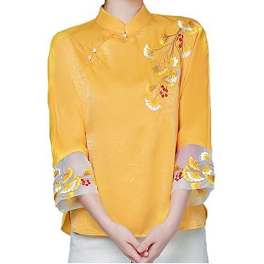 Imagem de Yajun Bordado Qipao Tops Estilo Chinês Feminino Tang Terno Elegante Respirável Vintage Blusas Soltas Oversized Camisa Hanfu Amarelo, 4GG (Peito: 112cm)