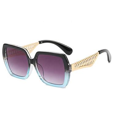 Imagem de Óculos de sol quadrado gradiente tendência de luxo masculino moda feminina pernas de metal oco grande armação óculos de sol uv400 óculos de proteção, preto azul cinza, tamanho único