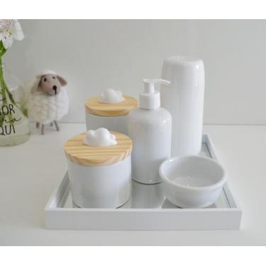 Imagem de Kit Higiene Porcelanas Bebê K161 Bandeja Mdf Espelho Tampa Pinus Nuvem