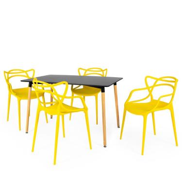 Imagem de Conjunto Mesa de Jantar Retangular Eiffel Preta 120x80cm com 4 Cadeiras Allegra - Amarelo