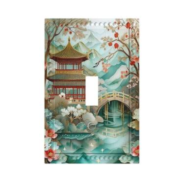Imagem de PPZCXWP Palácio Asiático Ponte Tradicional Flores de Cerejeira Capas para Interruptor de Luz 1 Gang Placa de Parede com Interruptor Decorativo Placa Elétrica para Decoração de Vida no Campo