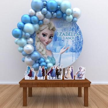 Imagem de Kit Decoração Personalizado Redondo Frozen 1 - Impakto Visual - Azul - Aniversário - Elsa - Painel 1,50m + 5 Displays (27cm, 2x25cm, 2x22cm)