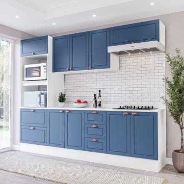 Imagem de Cozinha Pérola com Tampo e Rodapé 5 Peças Torre Quente Aéreo 3 Portas Basculante Balcão 120 e de 80 Branco/Azul