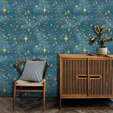 Imagem de Papel de parede autoadesivo com estrela dourada azul-marinho papel de parede retrô Starburst papel de contato para decoração de teto murais de arte brilhante decalques para armários quarto sala de
