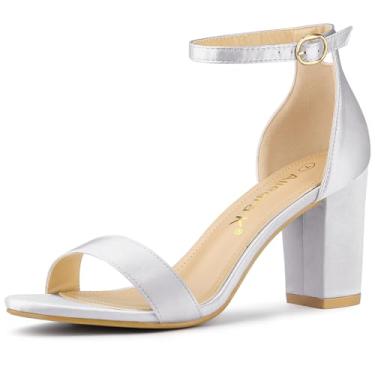 Imagem de Allegra K Sandálias femininas de cetim com bico aberto e tira no tornozelo de salto grosso, Prata, 36