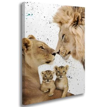 Imagem de Quadro Decorativo Casal Leão e Leoa Com Filhotes Tela Grande Sala Quar