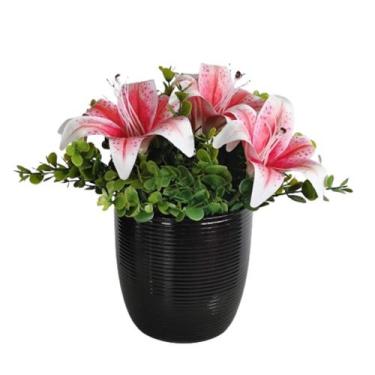 Imagem de Arranjo De Sala e Mesa Flores Lírio Vaso Cerâmica Preto - La Caza Stor