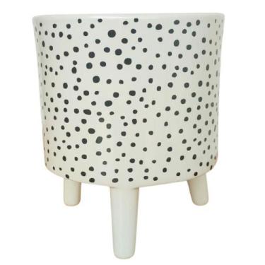 Imagem de Cachepot com Pés Cerâmica Branca com Poá Preto Alto Brilho 14x16cm - F