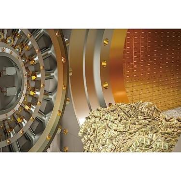 Imagem de DORCEV Fundo de cofre de banco de 3 x 2,4 m para fotografia tema de ladrão de porta dourada para fotos de aniversário cofre de dinheiro cofre de festa decoração de dólar dinheiro notas de banco