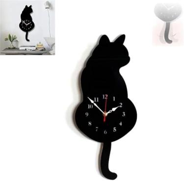 Imagem de Relógio de parede de cauda de gato nórdico, relógio de pêndulo de gato fofo criativo, relógio de parede de acrílico moderno, decoração de casa para amantes de gatos, para decoração (Preto)