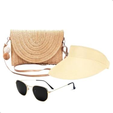 Imagem de Kit Bolsa de Palha Feminina + Viseira Com Proteção Solar + Óculos de Sol Uv Verão Moda Praia (Bege+Preto)