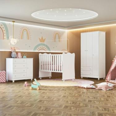 Imagem de Conjunto Quarto de Bebê Completo Guarda Roupa Cômoda e Berço com Rodízio Doce Sonho
