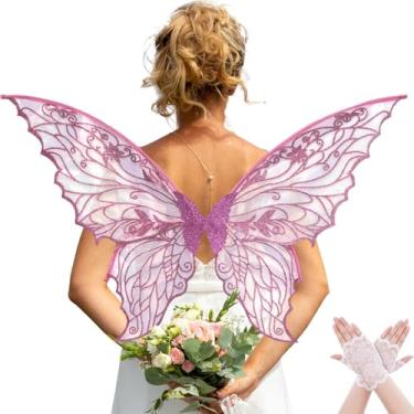 Imagem de Fairy Wings for Women with Lace Gloves, Large Butterfly Cosplay Wings, Iridescent Costume Wings for Party Photography Props Adult Dress Up Accessories (Pink)