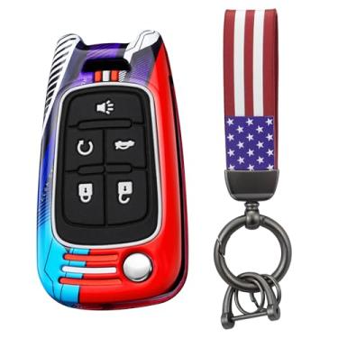 Imagem de HIBEYO Capa de chaveiro dobrável compatível com Buick Encore Apto para Chevy Camaro Equinox Impala Sonic Trax GMC Acessórios de terreno Shell de chave pintado de metal com chaveiros da bandeira dos