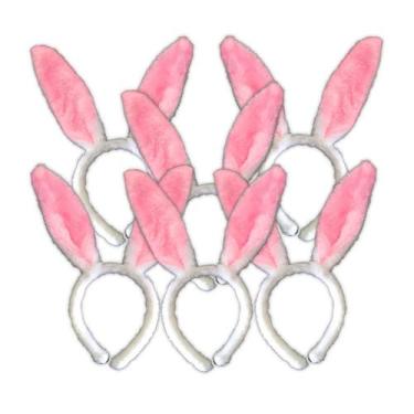 Imagem de Kit Tiara Orelha Coelho Páscoa Ajustável Branca Rosa 10 Un - Extra Fes