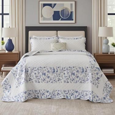 Imagem de QuiltMuse Colcha King extragrande 100% algodão 325 x 304 cm - Colcha King leve e macia com 2 fronhas, colcha de cama acolchoada extra larga floral de fazenda, 3 peças, branco/azul