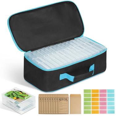 Imagem de Caixa organizadora de sementes com 15 compartimentos com 20 envelopes de sementes, recipiente de armazenamento de sementes de grande capacidade com adesivos de etiqueta de saco com zíper, recipiente