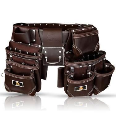 Imagem de ABRIX Bolsa de ferramentas Pro-28 100% couro real multiuso 28 bolsos bolsa organizadora de trabalho suporte de moldura para cinto de carpinteiro, construção, eletricista feito com chocolate