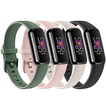 Imagem de Pacote com 4 pulseiras esportivas compatíveis com Fitbit Luxe para mulheres e homens, pulseiras esportivas de substituição de silicone macio para Fitbit Luxe Fitness e rastreador de bem-estar (luz das estrelas/verde abacate/rosa claro/preto, pequeno)