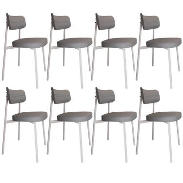 Imagem de Kit 08 Cadeiras Estofada Para Sala De Jantar Astrid Branco C01 Linho Cinza - Lyam Decor