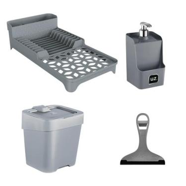 Imagem de Kit Pia Escorredor Dispenser Detergente Lixeira Rodinho 4pçs - Uz, Cin