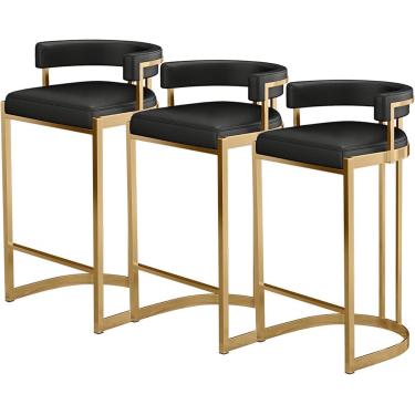 Imagem de Bancos de barra de altura do balcão Conjunto de 3, cadeiras de jantar de couro PU à prova de água, estofos industriais estofados para cozinha, casa e restaurantes, preto, 65 cm