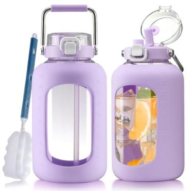 Imagem de WINSA Garrafas de água grandes de vidro com alça de aço inoxidável, garrafa de bebida de 2,8 litros com tampa de canudo 2 em 1, jarro de água de vidro de 3 litros com manga de silicone, boca larga