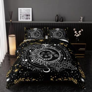 Imagem de Nttopship Jogo de cama Queen com sol e lua, galáxia celestial, para meninas, mulheres, crianças, preto, dourado, galáxia, gótico, exótico, 1 edredom + 2 fronhas