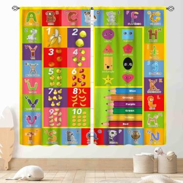 Imagem de TKUYO Cortinas de sala de aula do alfabeto ABC, desenho animado educativo, fofo, colorido, volta às aulas, cortina de janela verde para bebês, meninas, meninos, quarto, sala de estar, berçário