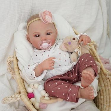 Imagem de Bebê Reborn Boneca Silicone Menina Realista Pintada Olho Castanho 48cm Com Urso e Acessórios